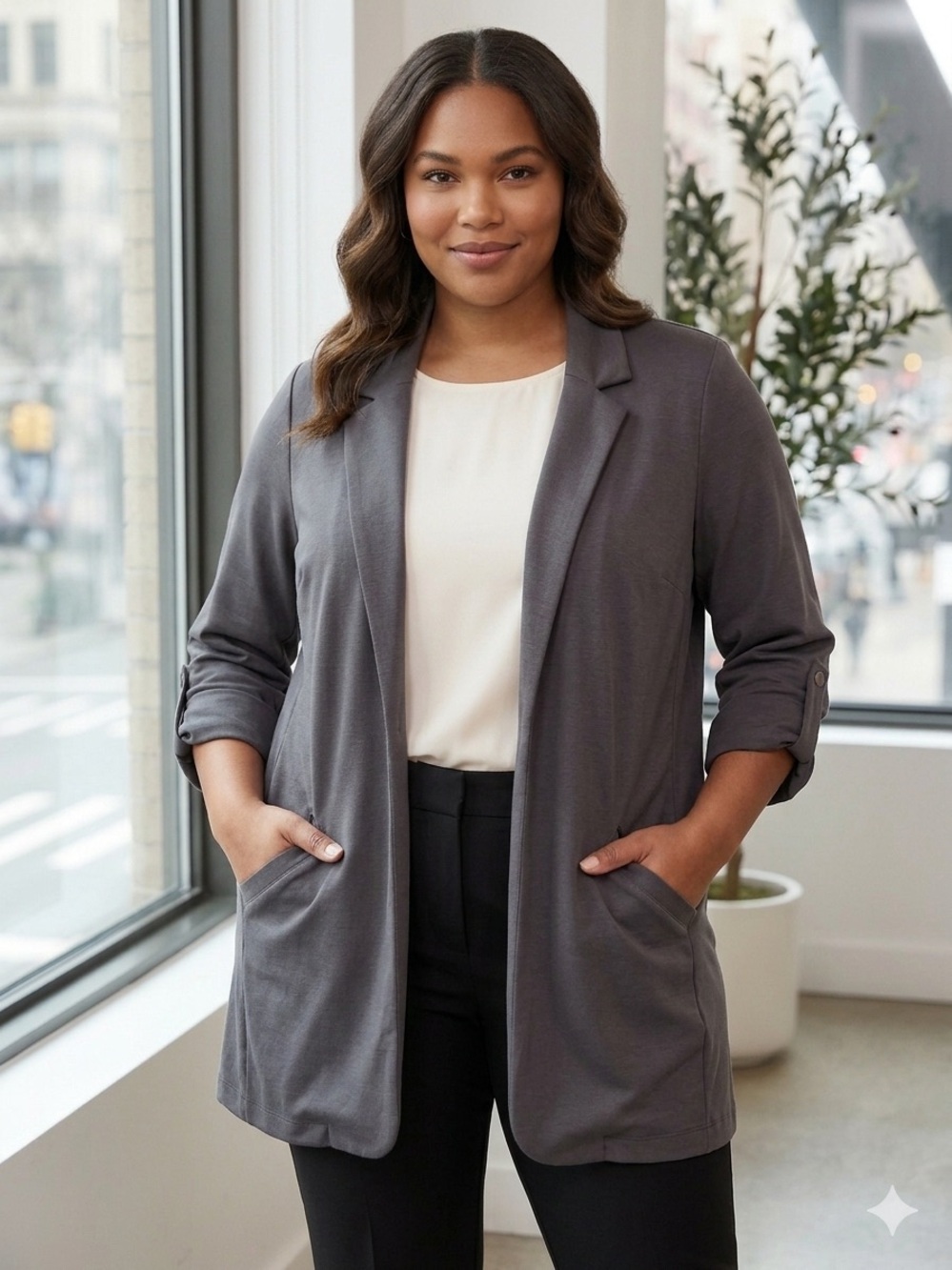 Torrid Gray Jersey Knit Open Front Blazer Jacket with Pockets Plus Size